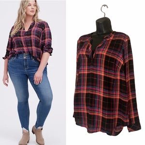 Torrid Pink Plaid Georgette Hi Low Long Sleeve Blouse Top